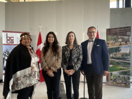 LEFT TO RIGHT: Knowledge Keeper Florence Dick from the Songhees Nation, Honourable Kamal Khera, Canada’s Minister of Seniors, Linda Ryan, BCCA Apprenticeship Services Program Manager, Chris Atchison, BCCA President.