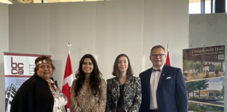 LEFT TO RIGHT: Knowledge Keeper Florence Dick from the Songhees Nation, Honourable Kamal Khera, Canada’s Minister of Seniors, Linda Ryan, BCCA Apprenticeship Services Program Manager, Chris Atchison, BCCA President.