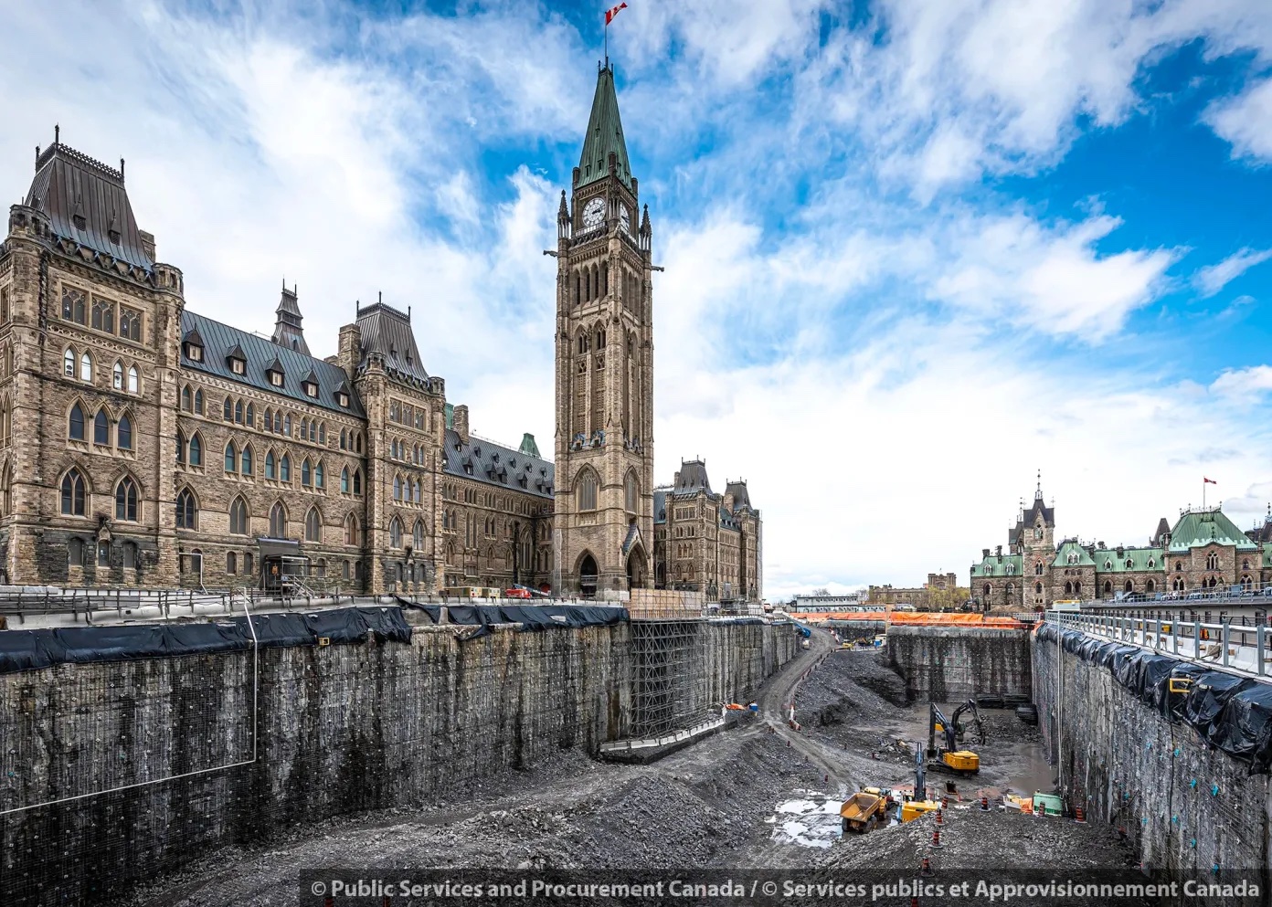 The ground directly in front of Centre Block on Parliament Hill — seen here in May 2023 — is being excavated in order to build a new underground welcome centre for visitors. (Photo credit: Public Services and Procurement Canada)